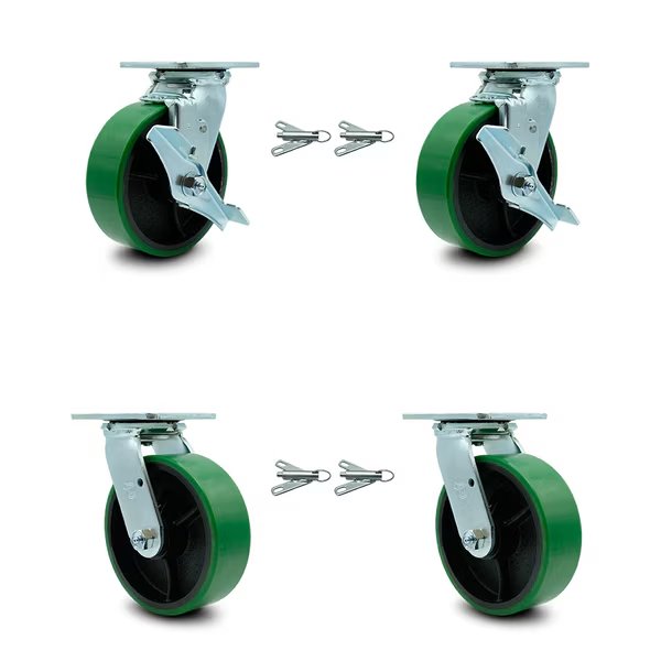 6 Inch Green Poly on Steel Caster Set with Roller Bearings 4 Swivel Lock 2 Brake, Service Caster, Mfr#: SCC-30CS620-PUR-GB-TLB-BSL-2-BSL-2